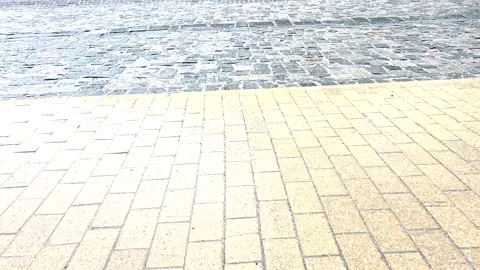 Hailstones Falling Bouncing Wet Stone Pavement Cobblestone Urban Hailstorm Stockbeeldmateriaal 333594345