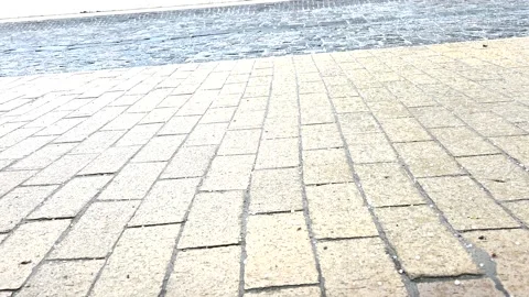 Hailstones Falling Bouncing Wet Stone Pavement Cobblestone Urban Hailstorm Stockbeeldmateriaal 333594347