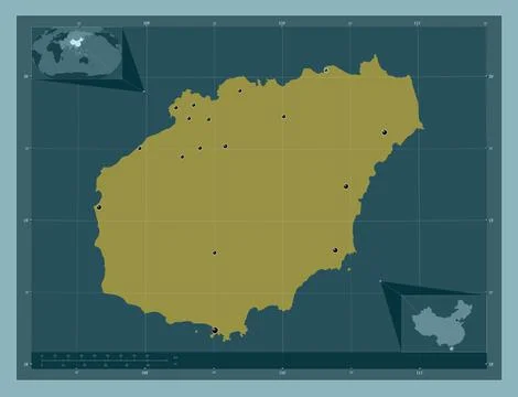 Hainan, China. Solid color shape. Locations of major cities of the region Illustrazione stock