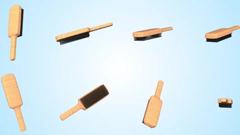 Hair Brushes Falling on a Light Background. Wooden Handle Hair Brush 3D. 4K Stock Footage 293766858