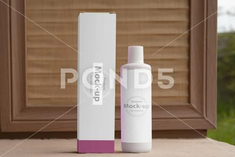 Hair care material package with bootle in front of wooden shelf mock-up serie Modello PSD