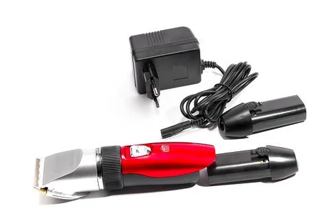 Hair clipper, two replaceable batteries, charger on white background Stock Photos