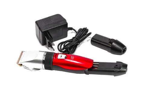 Hair clipper, two replaceable batteries, charger on white background Stock Photos