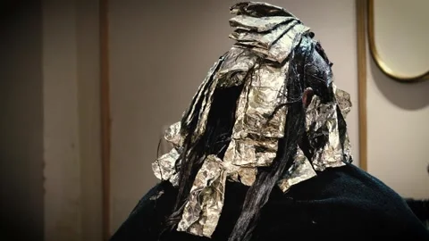 Hair Coloring Process with Silver Foil in Salon Stock Footage 318769335