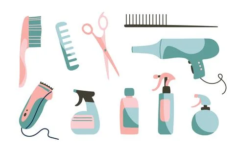 Hair dryer, combs, combs, scissors, hair clipper, styling sprays. Objects Stock Illustration