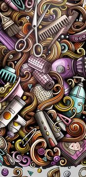 Hair salon hand drawn doodle banner. Cartoon detailed illustrations. Stock Illustration