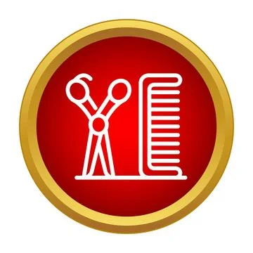 Hairdressing scissors and comb vector icon in red circle Stock Illustration