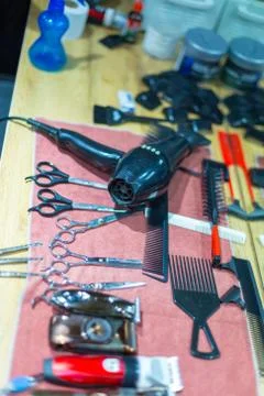 Hairdressing tools on the table Stock Photos