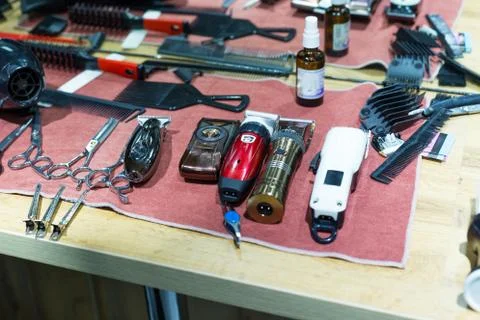 Hairdressing tools on the table Stock Photos
