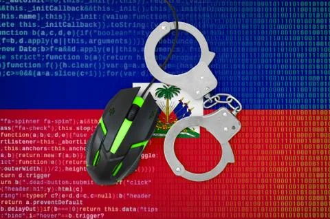 Haiti flag  and handcuffed computer mouse. Combating computer crime, hackers  Stock-Fotos