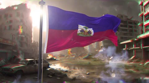 Haiti Flag and war background destroyed megalopolis Stock Footage 320902970