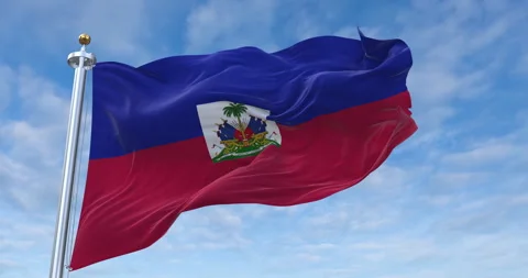 Haiti flag with flagpole waving in rolling clouds looping, 4K Perfect Loop Vídeos de archivo 279676759