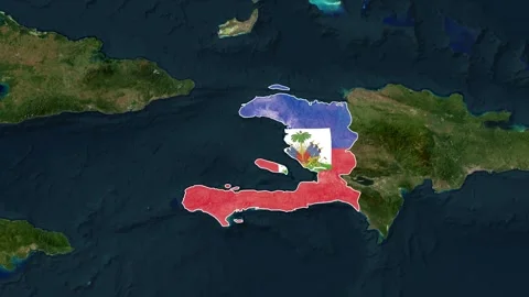Haiti's map outline is filled with its national flag over the Caribbean Sea Stock-Footage 335346789
