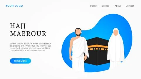 Hajj Mabrour landing page with Kaaba, men and women pilgrimage characters Stock Illustration