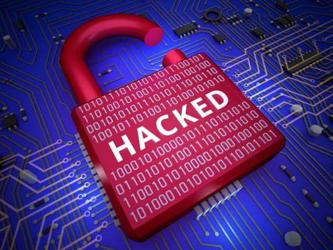 Haked digital padlock over circuit, 3d concept Stock Illustration