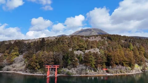 Hakone Shrine | Torii Gate | Lake Ashi - 4K Aerial Video Stock Footage 333195971