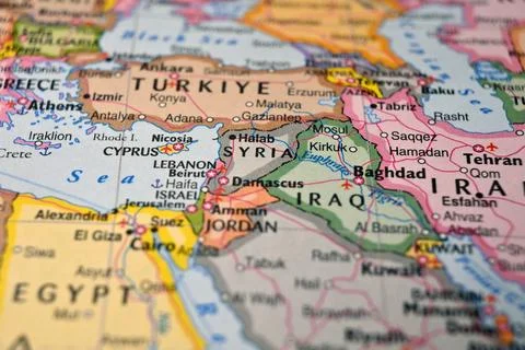Halab Syria on World Map Close Up Macro Defocused Background Geographic Image Stock Photos