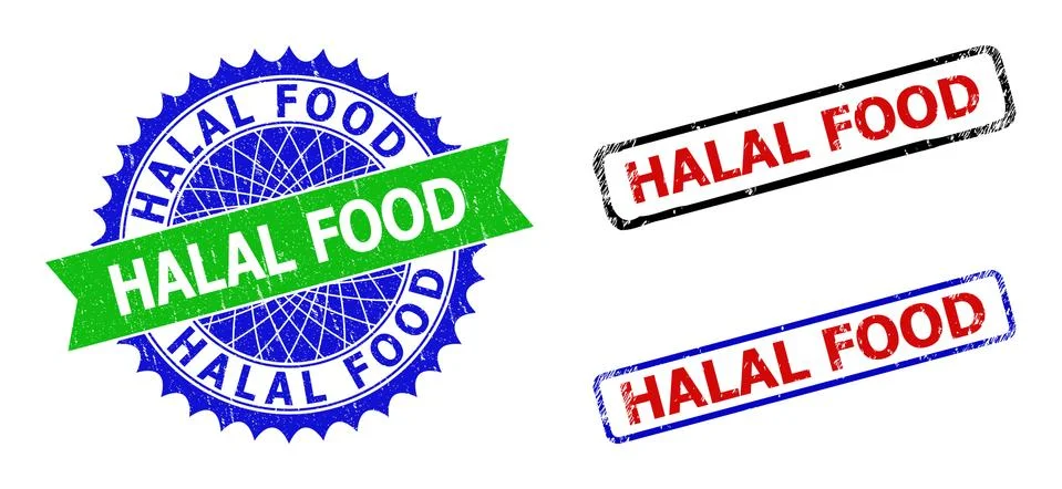 HALAL FOOD Rosette and Rectangle Bicolor Badges with Grunged Surfaces Illustrazione stock