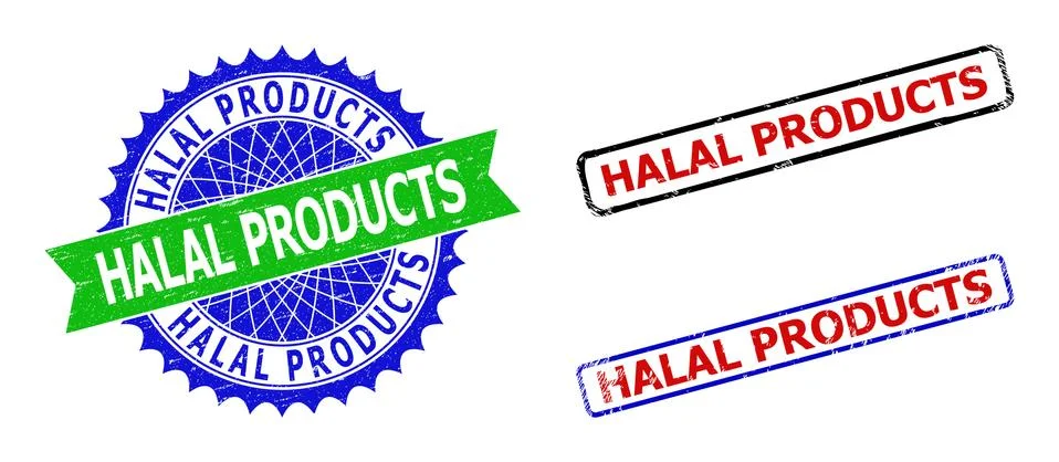 HALAL PRODUCTS Rosette and Rectangle Bicolor Stamp Seals with Rubber Styles Illustrazione stock