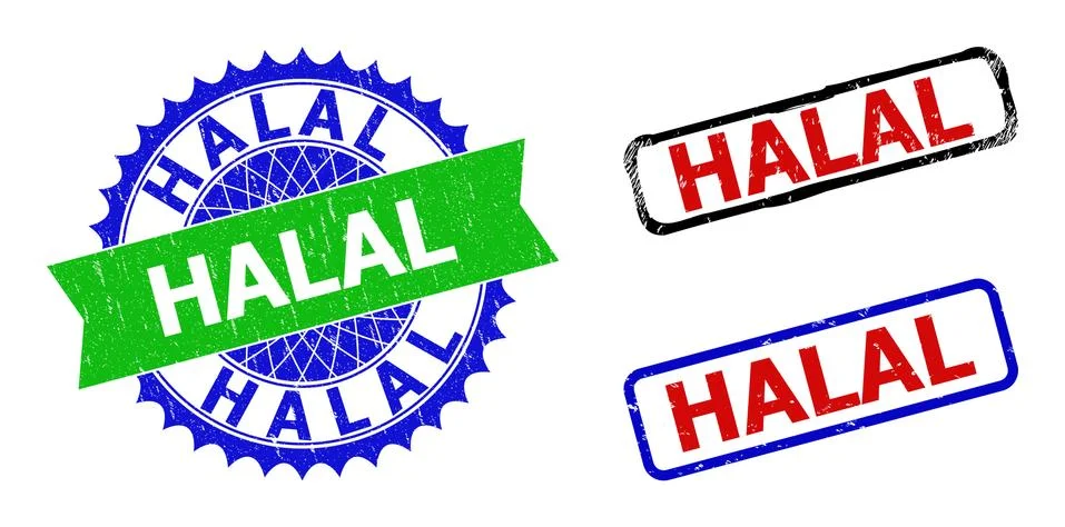 HALAL Rosette and Rectangle Bicolor Badges with Distress Textures Illustrazione stock