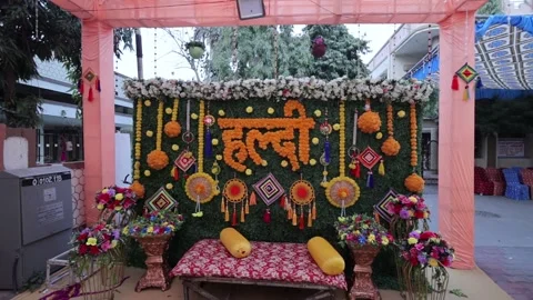 Haldi Ceremony Decor: Vibrant Indian Wedding Haldi Function Setup Stock Footage 292958454