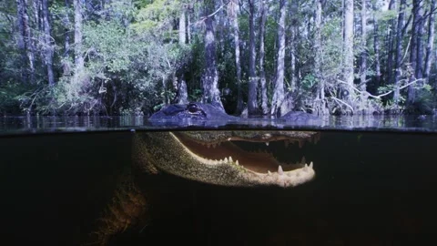 Half and Half split shot of an Alligator in murky gator infested waters Stock Footage 136201474
