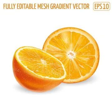 Half and round orange slice on a white background. Illustrazione stock