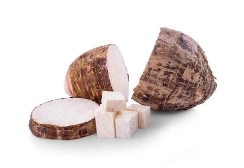 Half and slice with cubes of taro root isolated on white background Stock Photos