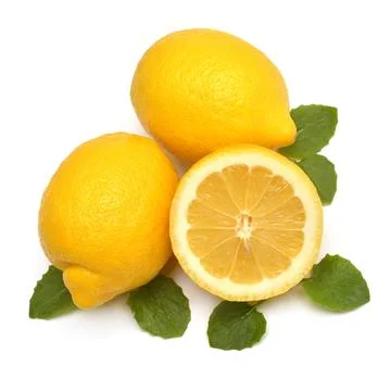 Half and whole lemon fruit tropical with leaves isolated on white backgroun.. Stock Photos