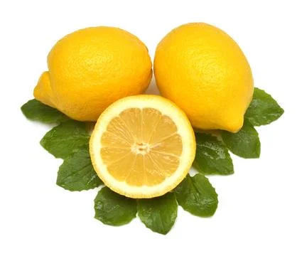 Half and whole lemon fruit tropical with leaves isolated on white backgroun.. Stock Photos
