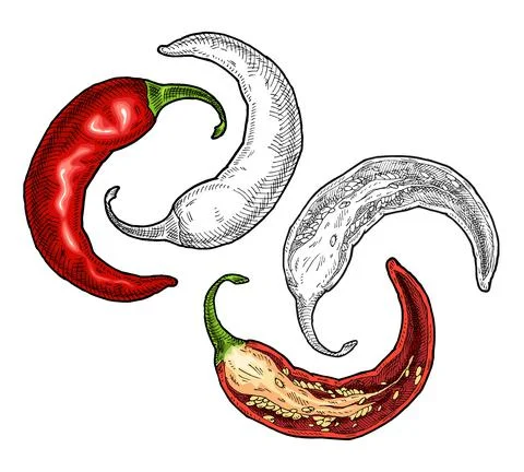 Half and whole pepper chilli. Vintage vector hatching color illustration Stockillustratie