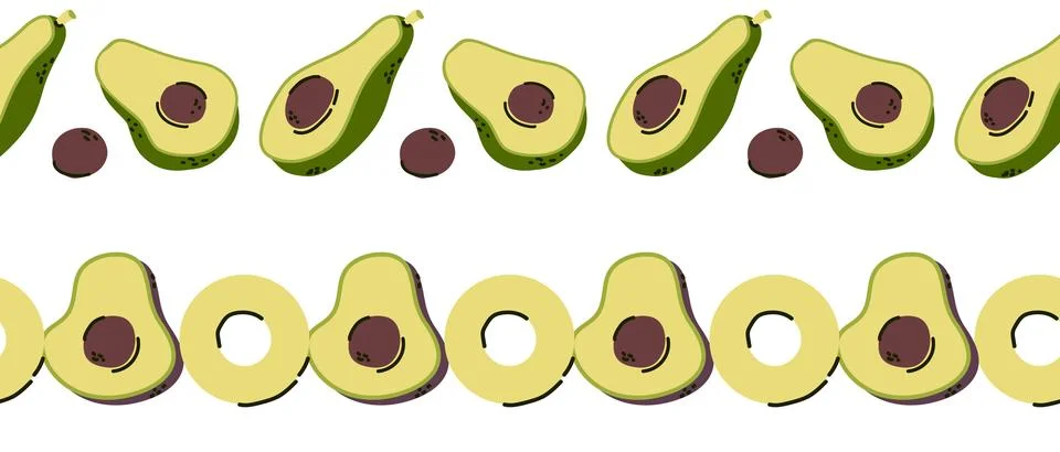 Half avocado seamless border set. Green fruit with slices and bones. Stock Illustration