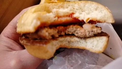 Half-bitten cheapest burger bought. Stock Footage 310854881