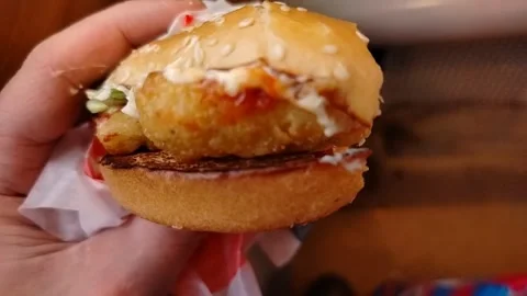 A half-bitten chicken burger is turned over in the hand. Stock Footage 310854870