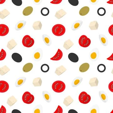 Half Boiled Egg Cheese cubes Olives and Tomatoes Slices Seamless Pattern Salad Stock Illustration