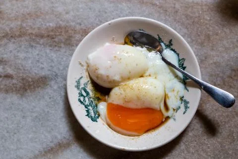 Half boiled eggs, nutritious and  popular Chinese style breakfast in Malaysia Stock Photos