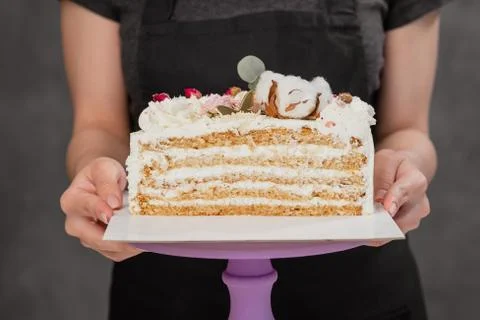 Half a cake. Close-up of a cut cake with visible layers and filling. onditer Stock Photos