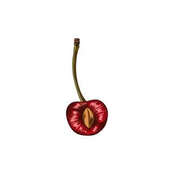 Half cherry berry with cherry pit on the stem color sketch, vector hand dra.. Stock Illustration