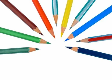 Half circle made with different colored wood pencil crayons a white backgroun Stock Photos