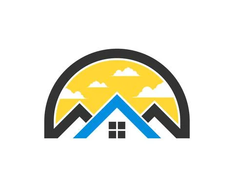 Half circle shape with real estate house and sunset behind Stock Illustration