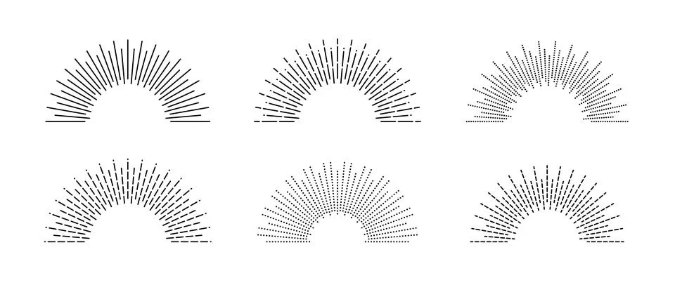 Half circle sunburst frame set. Sunrise and sunshine rays symbols pack. Radial Illustrazione stock