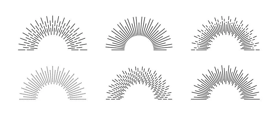 Half circle sunburst frame set. Sunrise and sunshine rays symbols pack. Radial Illustrazione stock