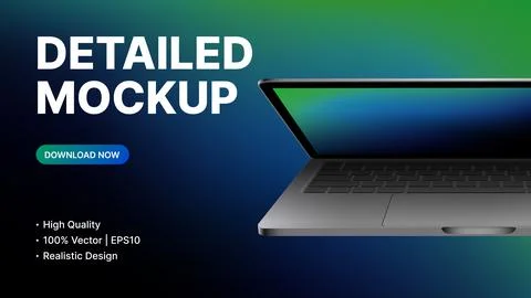 Half closed Realistic Laptop with blank Screen Mockup. Promo Presentation for Stock Illustration