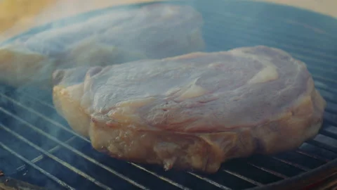 Half-cooked beef steaks on a roasting grate. Close-up shot of two ribeye steaks  Stock Footage 285469488
