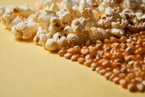Half Corn and half pop corn background. No body. Copy space Stock Photos
