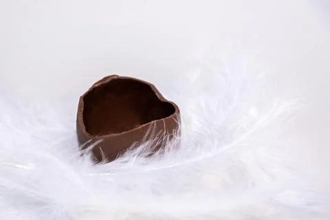 Half of a cracked empty chocolate egg in a white soft feather nest. Sweet Eas Stock Photos