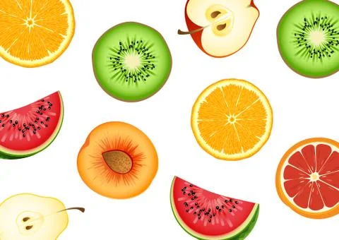 Half cut fruit has a variety of types. Watermelon, oranges, apple, many on a  Stock Illustration