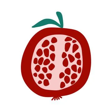 Half cut pomegranate with green leaf and red seeds in cartoon flat style on Stock Illustration