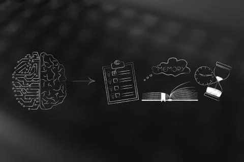 Half digital half human brain next to memory icon made by book with to do lis Stock Illustration