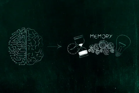 Half digital half human brain next to memory icon made by light bulb gearwhee Stock Illustration